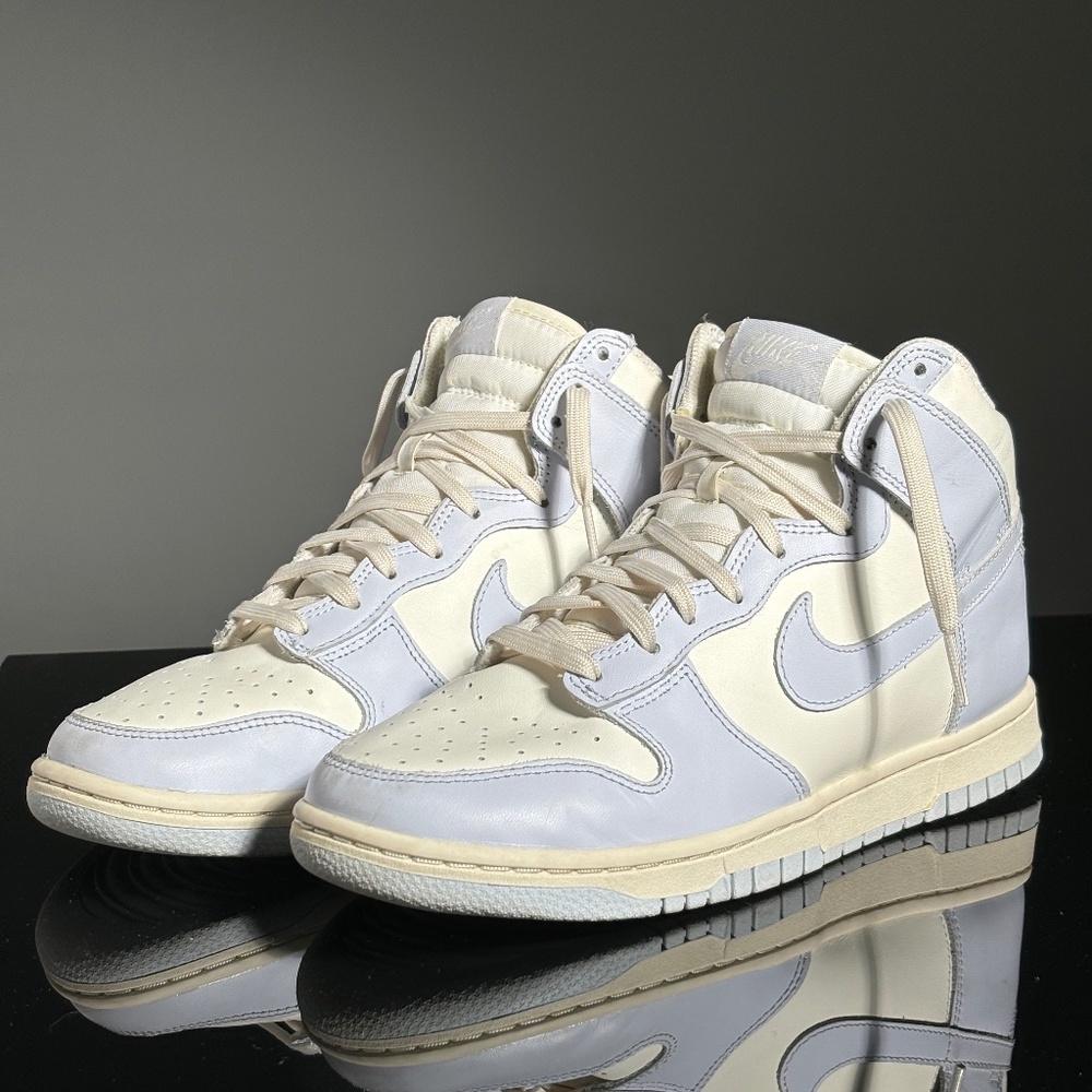 Off-White Nike Dunks with Lavender Grey Swoosh and detail.